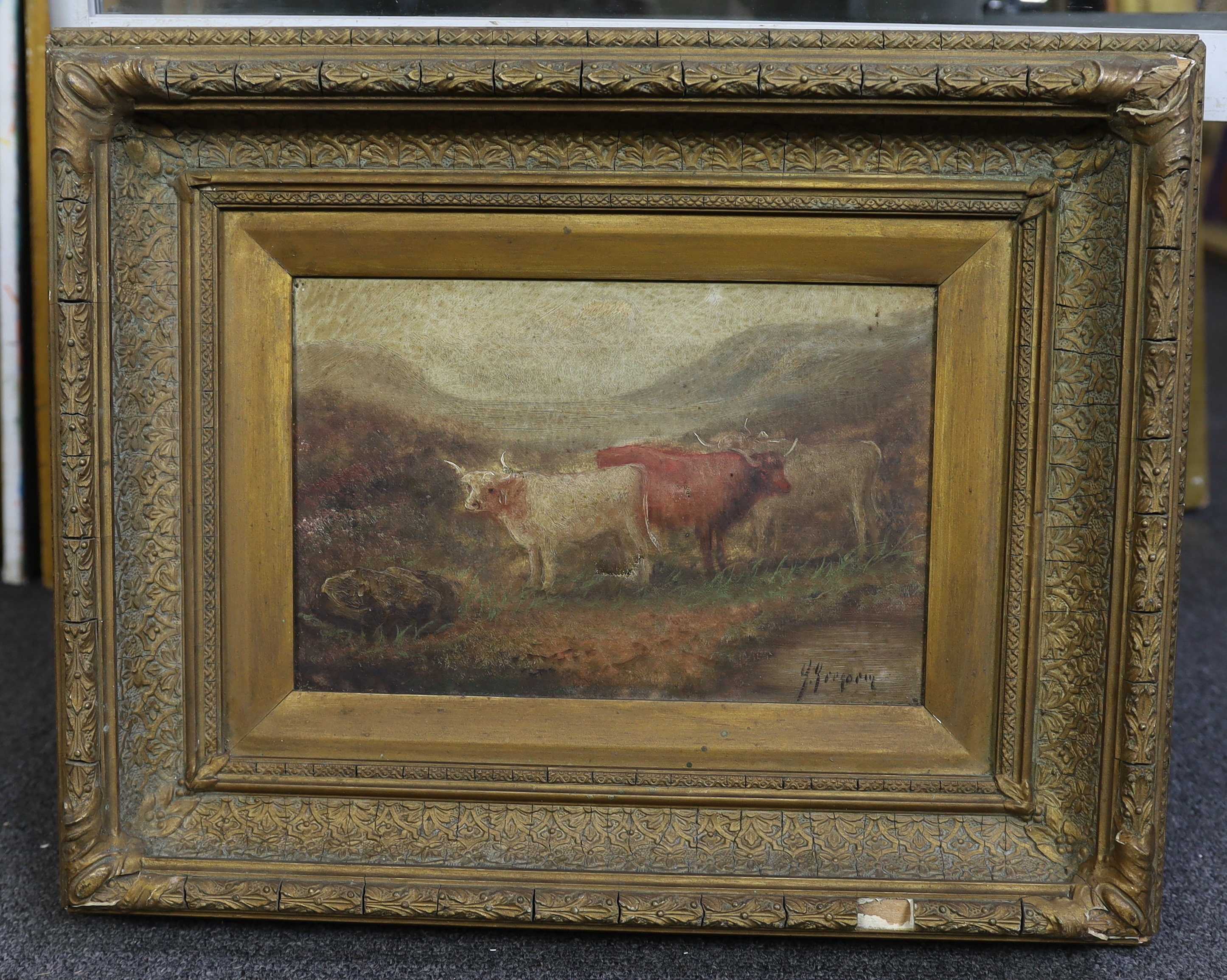 George Gregory (British, 19th C.), Highland cattle in a landscape, oil on canvas, 20 x 29cm
